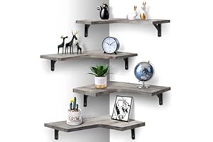 EACHPAI Floating Corner Shelves for Wall Décor Storage, Wall Shelves Set of 4, Wall Mounted Wood Shelves for Home Decor, Bedroom, Living Room, Bathroom, Kitchen, Office (Rustic White)