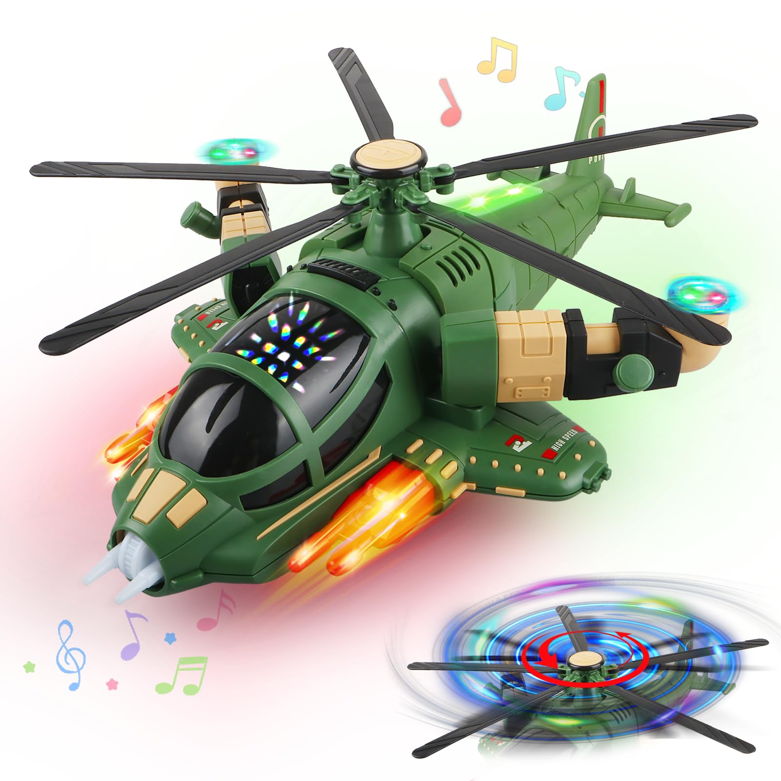 victob Helicopter Toy for Toddlers with Lights and Music, 360° Rotating Airplane Toy for Kids, Bump-and-Go Action, Birthday Gift for Boys Girls Ages 3-7, Green