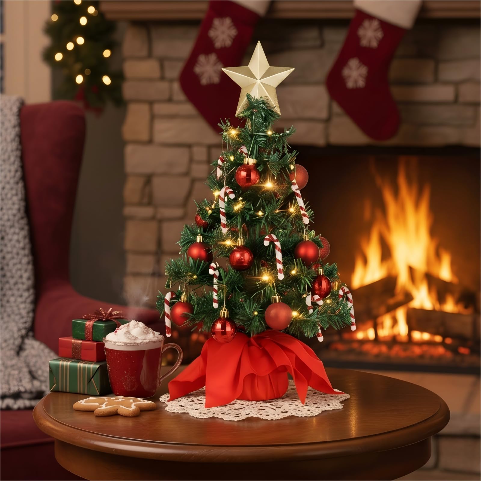 PRETYZOOM 21 Inch/53cm Mini Christmas Tree, Complete Pre-lit Tabletop Xmas Tree with 50 LED Lights & Ornaments, Small Decorated for DIY Home Decor, Walkway Office Desk & Window Sill