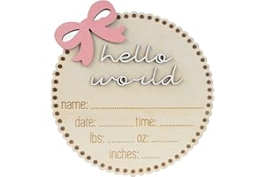 CUNCUN Hello World Wooden Birth Announcement Sign, 6.2 inch Round Nursery Photo Prop, Baby Name Weight Length Date Time Plaque (BB63)