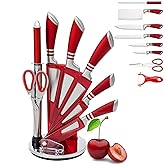 Knife Set, 9-Piece Kitchen Knife Set with Sharpener,Scissors, Dishwasher Safe Non Stick Sharp Stainless Steel Chef Knife Block Set with Acrylic bracket for Kitchen (Red)