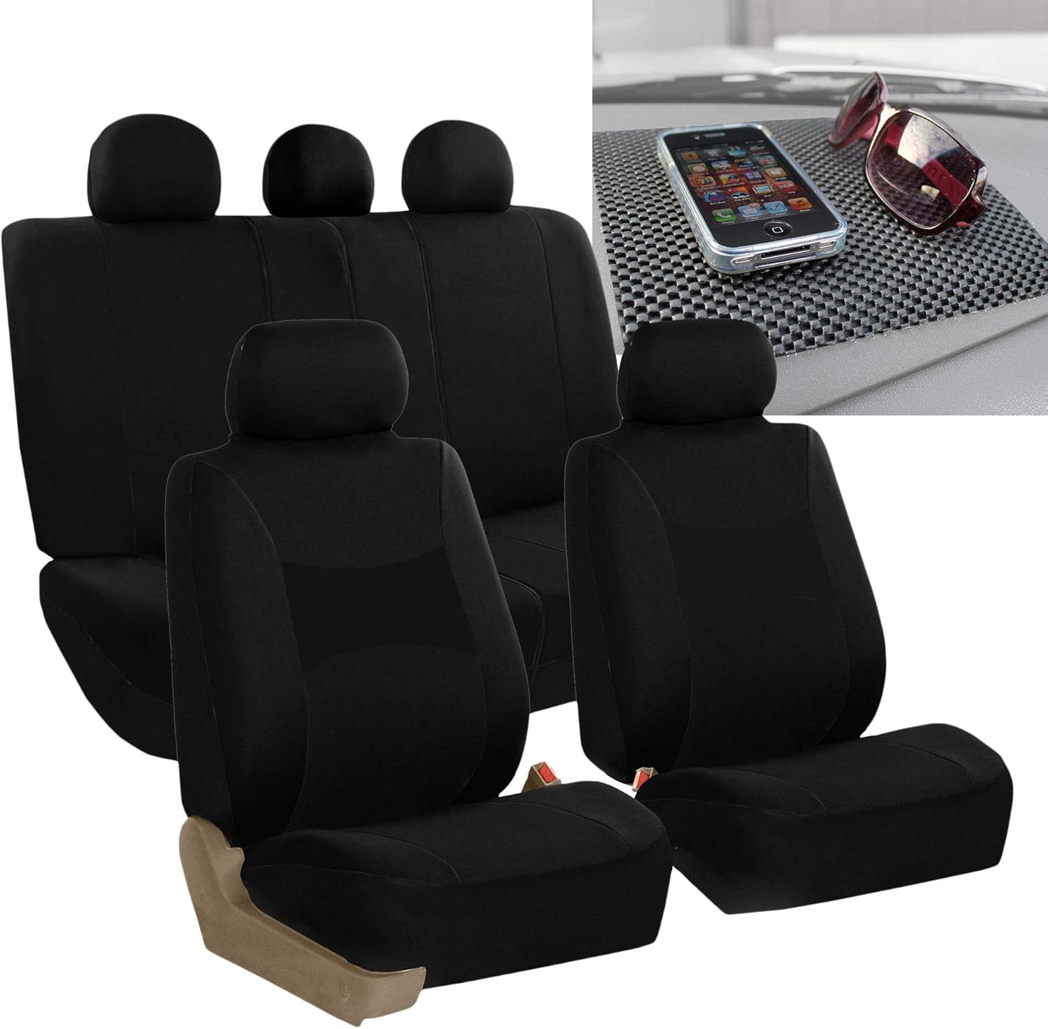 FH Group FB030115 Light & Breezy Cloth Seat Cover Set Airbag & Split Ready, Solid Black w. FH1002 Non-Slip Dash Grip Pad- Fit Most Car, Truck, SUV, or Van
