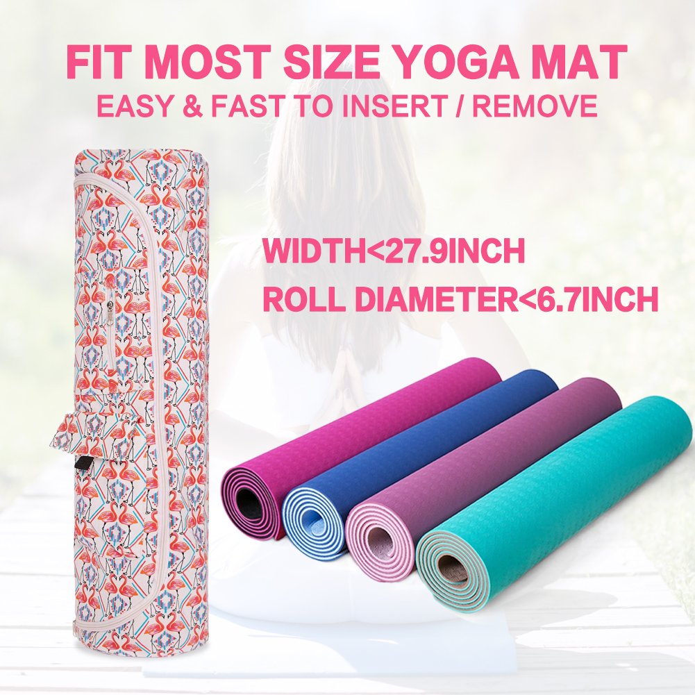 TUONROAD Yoga Sling Bag for Large Mat Hot Patterned Pink Flamingo Turquoise Stripe Geometry Cute Foldable Yoga Tote Bag Cotton Canvas Yoga Mat Sling with Easy Access Full Zipper and Pocket