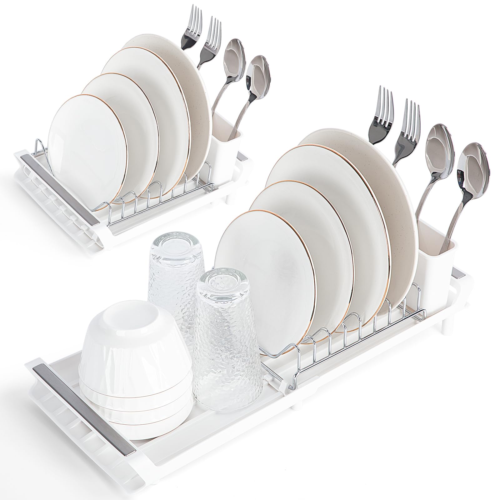 E-ROOM TREND Dish Drainer Rack | White | Compact Extendable Dish Drying Rack | Small Stainless Steel Expandable Dish Drainer with Removable Cutlery Holder | for Kitchen Counter (DR401W)