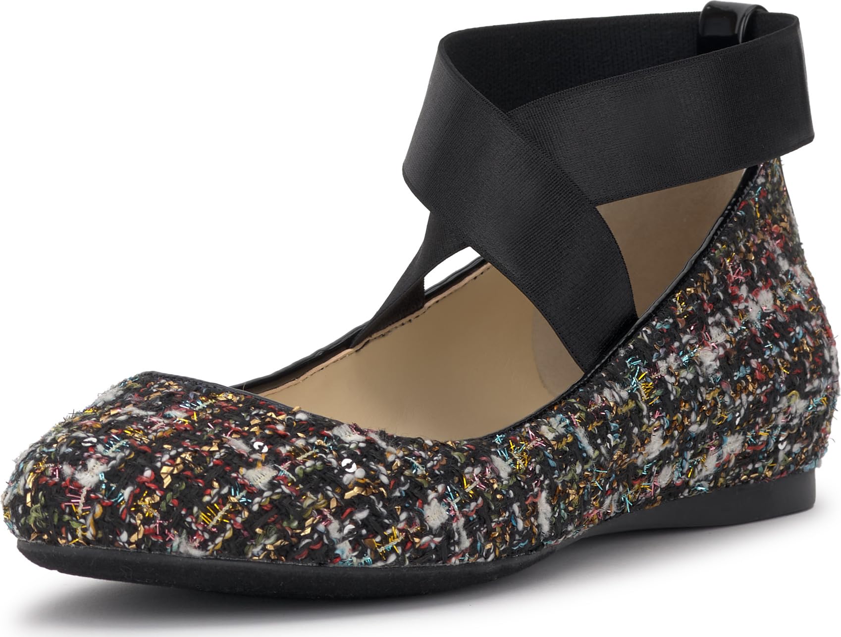 Jessica Simpson Women’s Mandayss Criss-Cross Ankle Ballet Flats with Straps, Black Sparkle Tweed, 5.5