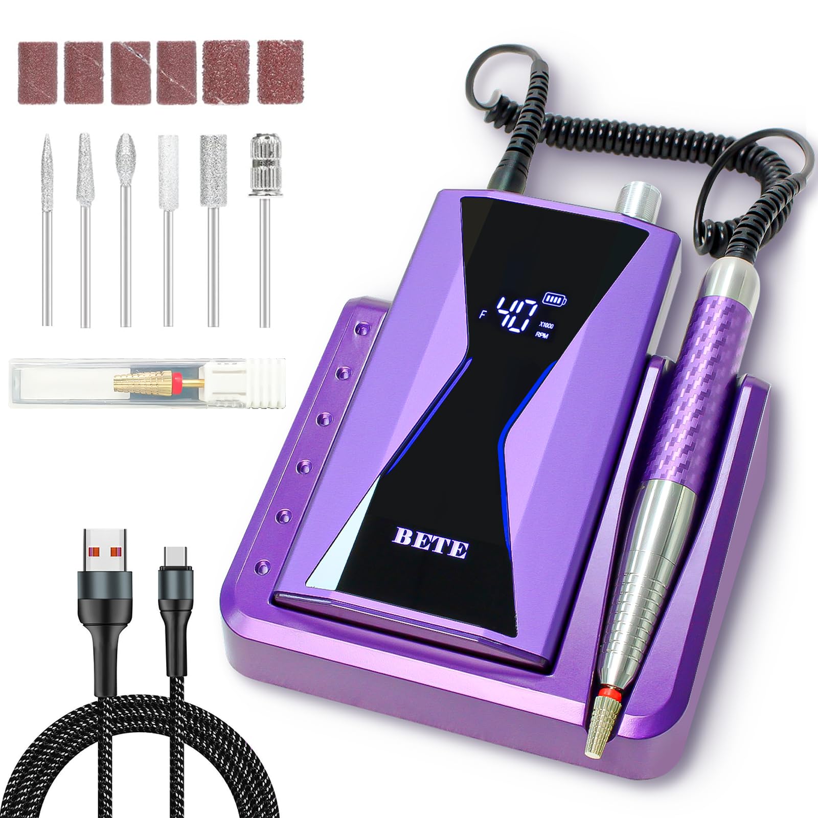 Photo 1 of BETE Professional Nail Drill Machine, 0-40000RPM Brushless Durable Electric Nail File for Acrylic Gel Nails, Rechargeable Nail Drill with Charging Base with 6pcs Drill Bits for Salon Home, Purple