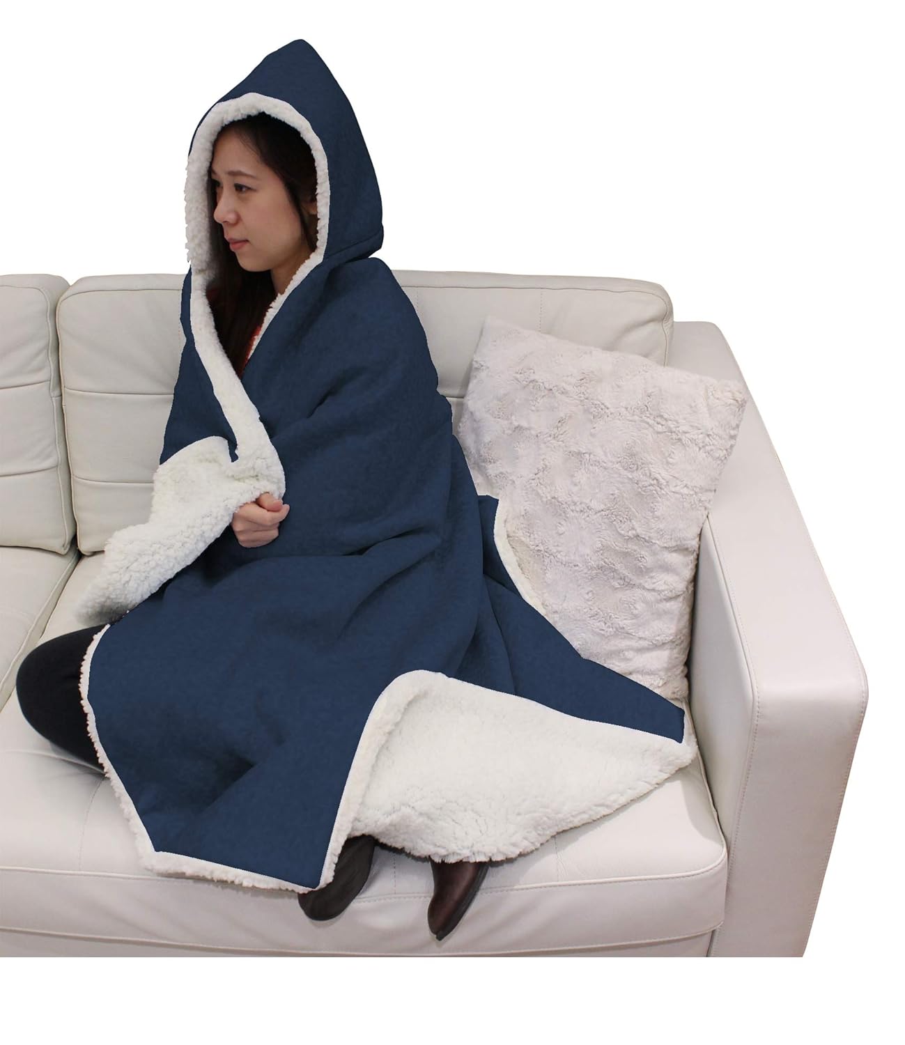 Posh Home Hooded Jersey Knit Reversible Sherpa Throw Blanket Blue 50 x 60