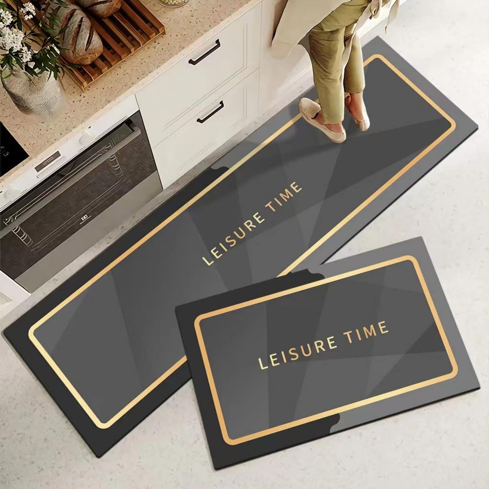 Kitchen Floor Mats, 2 PCS Kitchen Mat Set, Water Absorbent and Quick Drying Kitchen Rugs, Non-slip Kitchen Carpets, Super Absorbent Floor Mat for Home Kitchen (Black Gold, 40*60+40*120 cm)