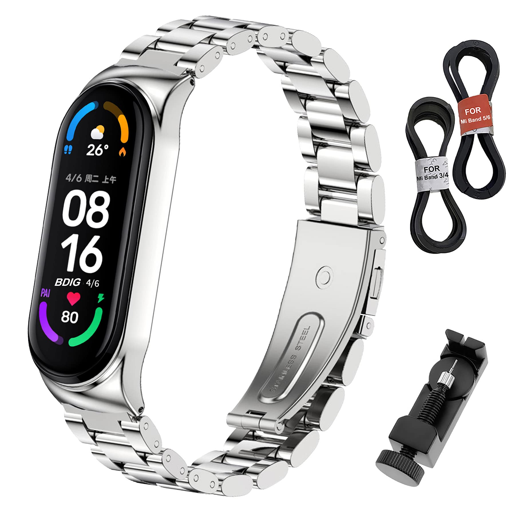 BDIG Mi Band 5 Strap Mi Band 6 Straps Bracelet Replacement,Stainless Steel Metal Wrist Strap Wristband WatchBand Accessories for Xiaomi Mi Band 4 Miband 3, Silver