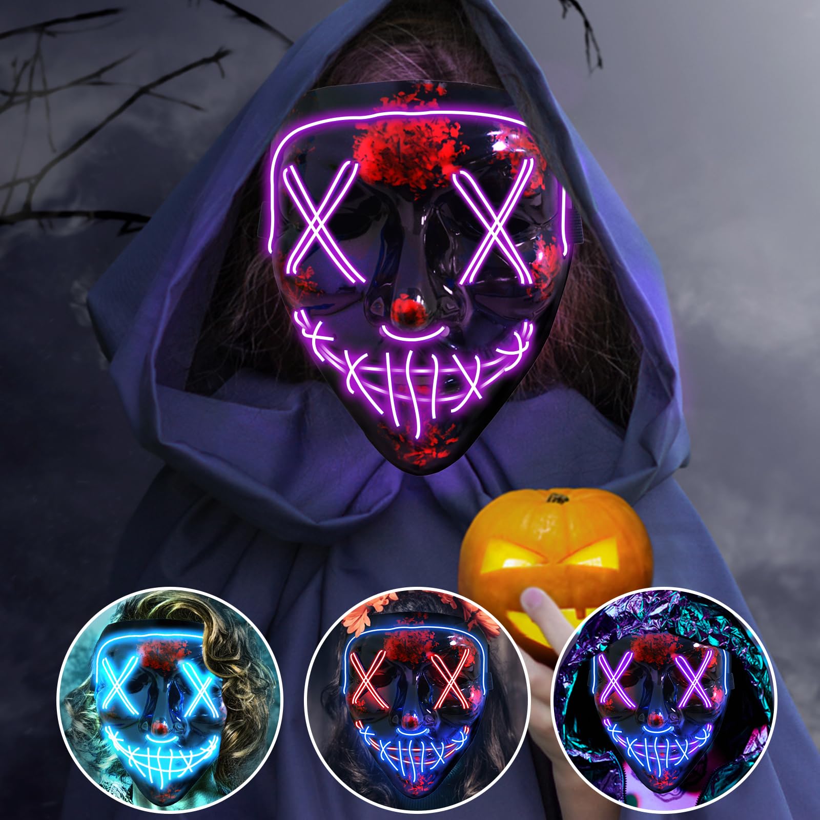 Jsdoin Halloween Masks, Scary LED Purge Mask, Light up Mask Cosplay, LED Rave Face Mask Costume 3 Lighting Modes, Halloween Face Masks for Men Women Kids (Purple)