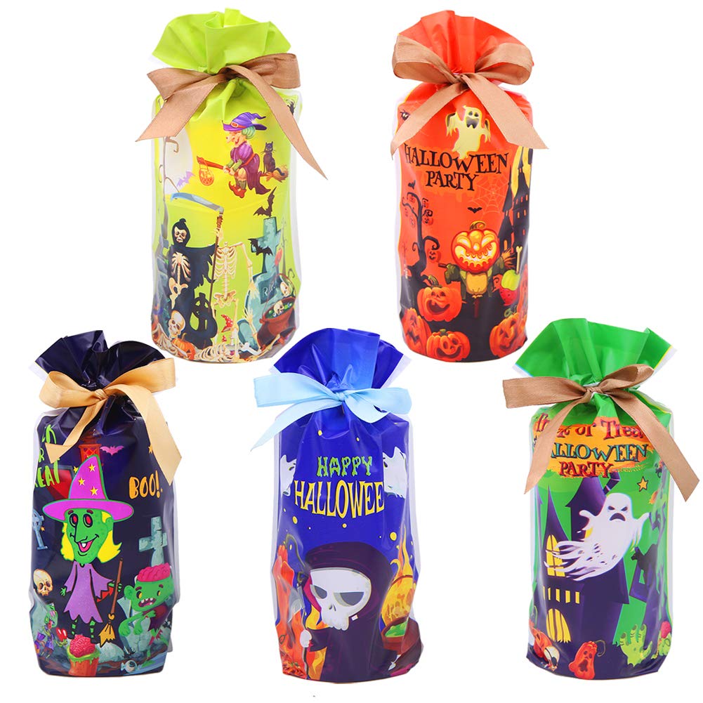 Wudong 50 Pcs Halloween Treat Bags Candy Bags,9.3 inches Drawstring Bags with 5 Styles for Trick or Treat Bag Halloween Party Favors Supplies