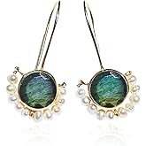 Joyfulmuze Genuine Labradorite Frewhwater Pearl, Dangle Drop Earrings, Handmade Gifts for Women, Brass Plated 18K Yellow Gold, (Labradorite-Freshwater-Pearls-Organic-Shape)