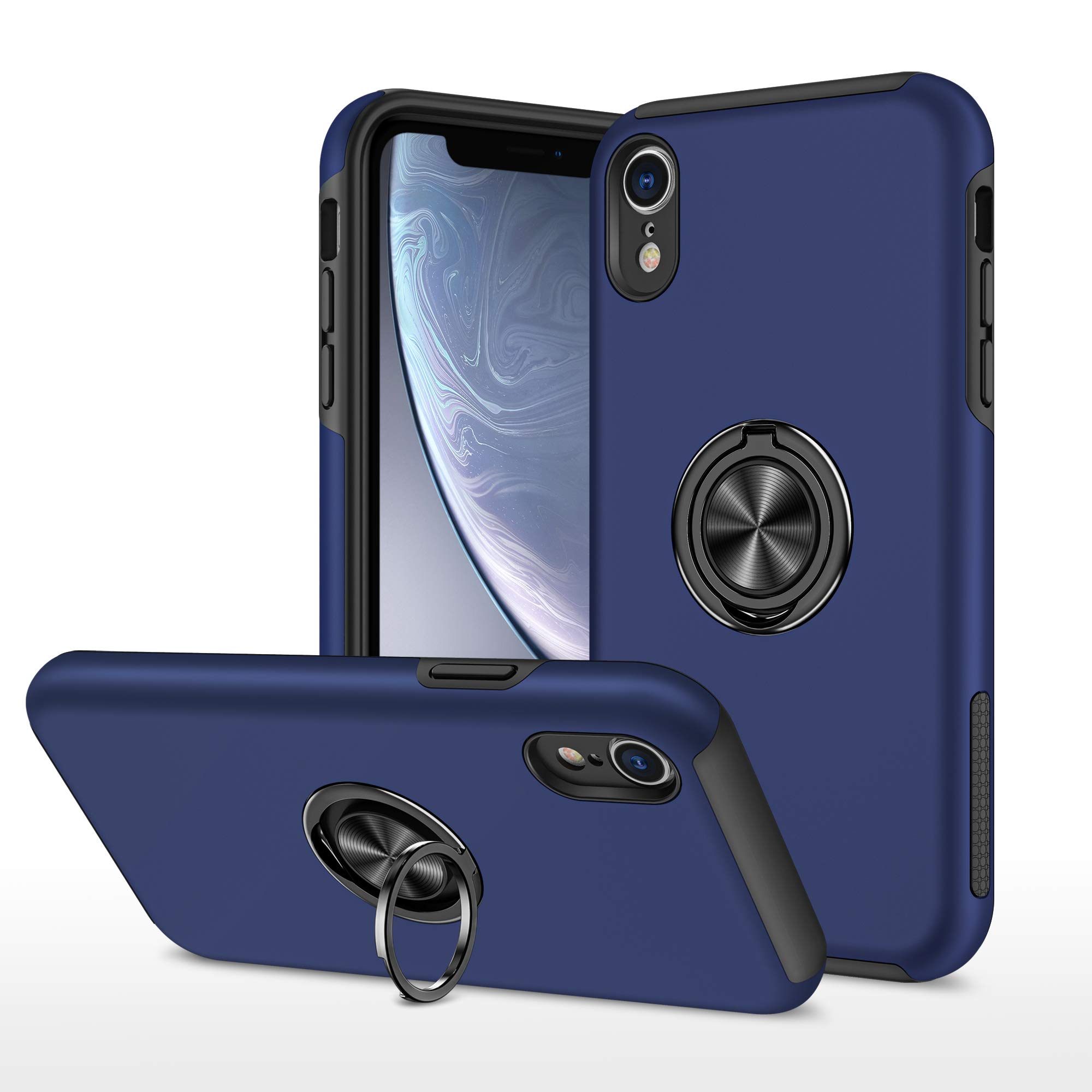 XYZNTMF compatible with iPhone XR Case Built-in Ring Holder Shockproof Silicone Bumper Matte Hard PC Phone Case Magnetic Car Mount Drop Protective Skin Cover Case for iPhone XR, Blue