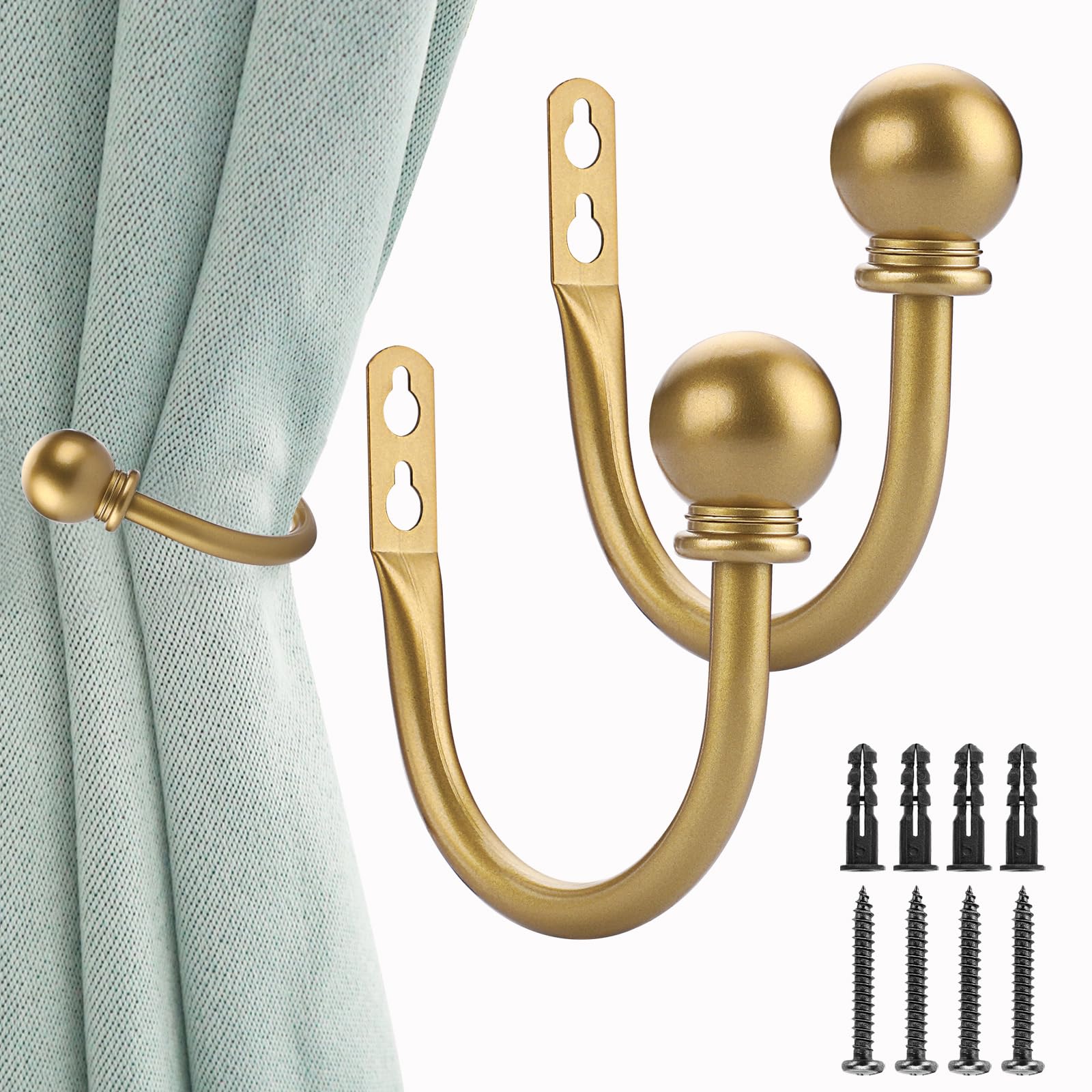 Photo 1 of Sumnacon Set of 2 Decorative Curtain Holdbacks, Wall Mounted Aluminum Alloy Window Drapery Tiebacks for Bedroom, Livingroom Office Come with Screws, Gold
