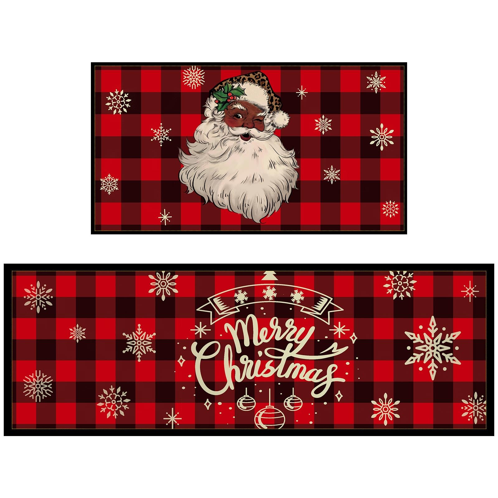 Photo 1 of ***LIKE NEW/OPEN BOX***2 Set Christmas Kitchen Rugs Santa Claus Kitchen Rugs Xmas Red Black Buffalo Plaid Snowflake Floor Mat Non Slip Washable Rubber Backing Doormat Pad for Merry Xmas Kitchen Bathroom 29x15 and 47x15 in