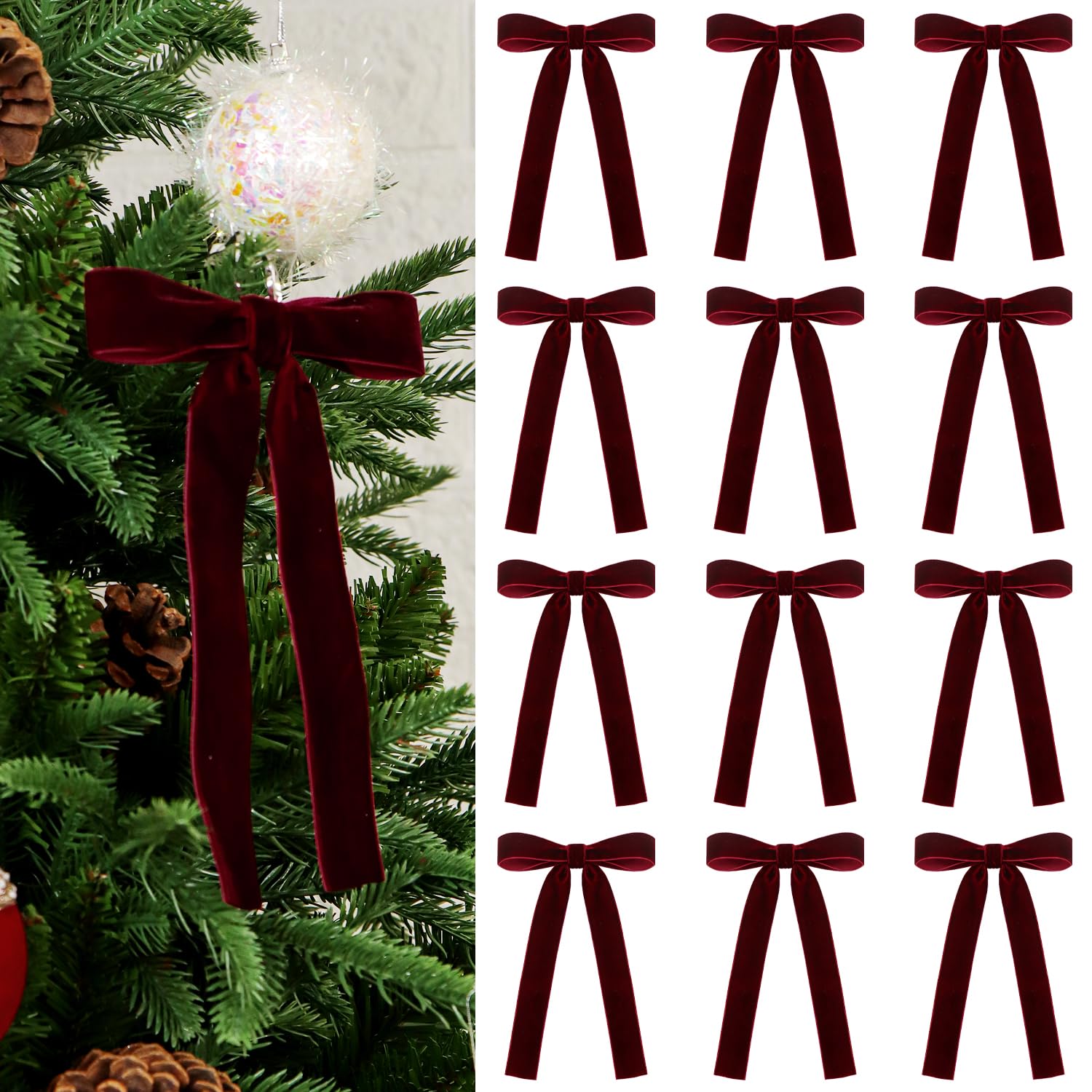 Photo 1 of 12 Pieces Velvet Bows with Twist Tie 5 x 7 Inch Christmas Tree Bows Ornaments for Gift Wrapping, Wreaths, Party Favor, Crafts (Wine Red)