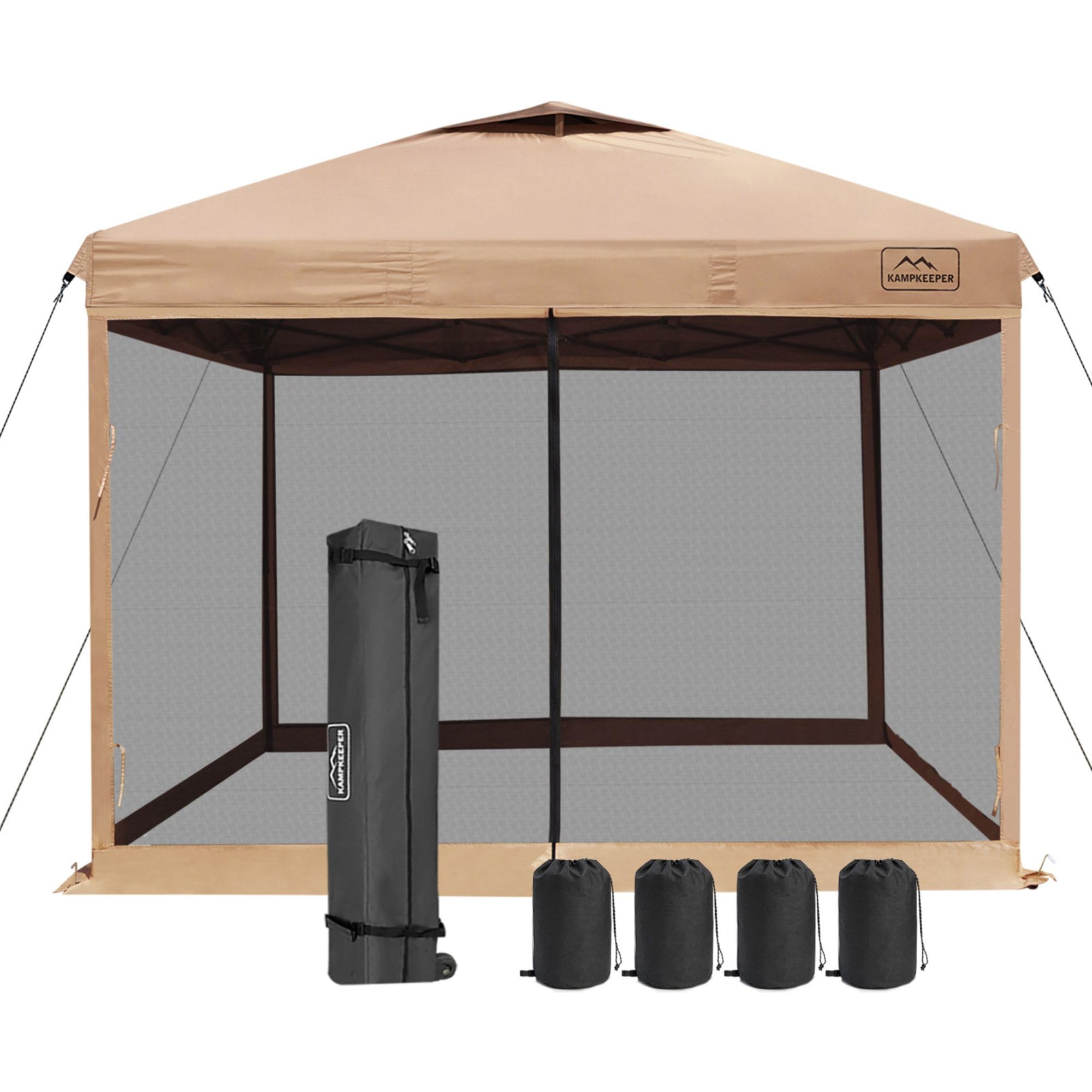 Photo 1 of **SMALL CUT IN BAG**KAMPKEEPER 10x10 Pop-Up Canopy Tent, Waterproof Portable Shade with Screen Walls, Adjustable Instant Outdoor Shelter for Camping, Backyard, and Events, Khaki