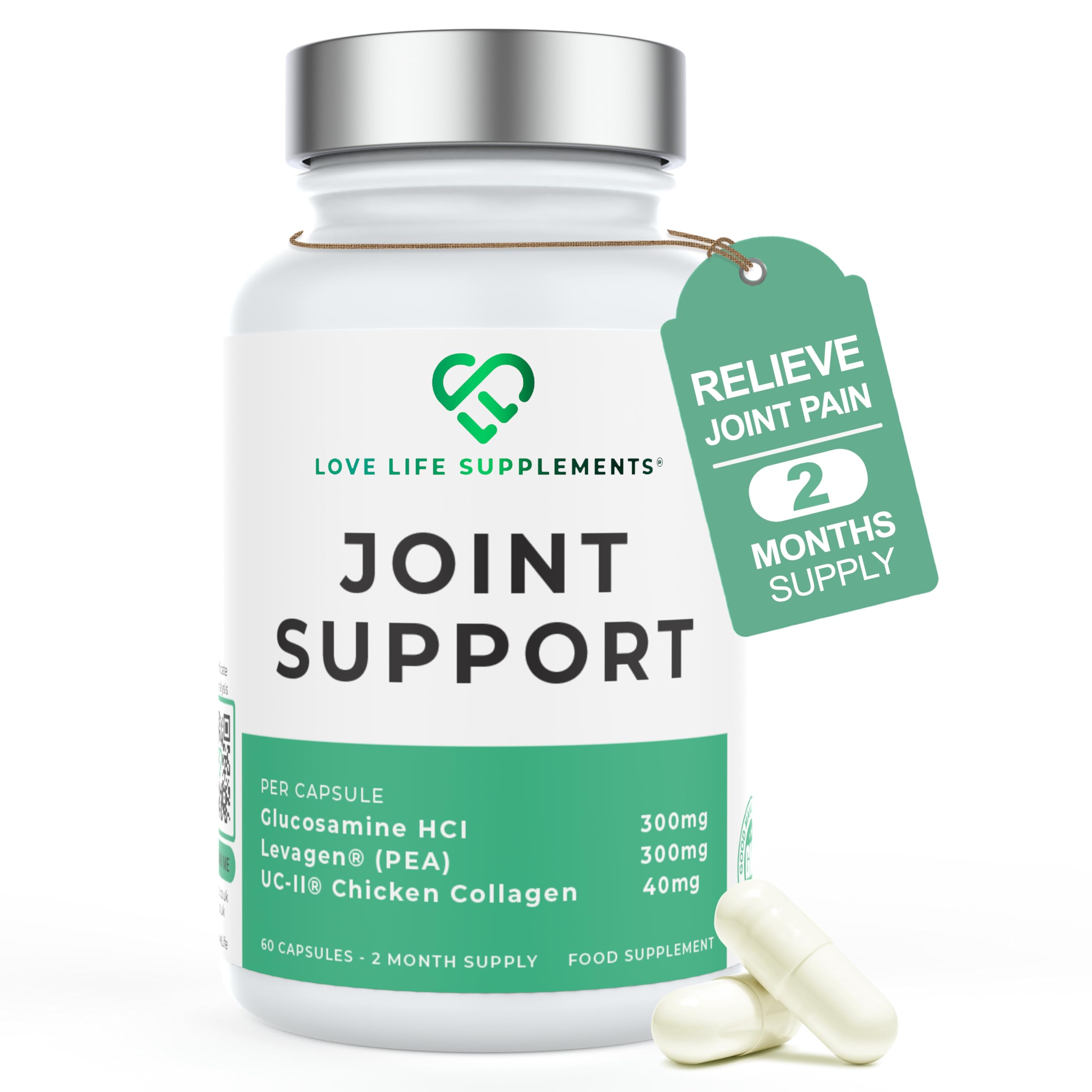 Joint Support Supplement by LLS, Glucosamine, UC-II® Collagen, Levagen®, Hyaluronic Acid, Vitamin C, Joint Care & Pain Relief for Men & Women, Knee & Hip Mobility, 2 Month Supply, 60 Capsules, UK Made