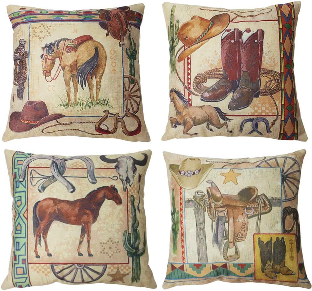ULOVE LOVE YOURSELF Vintage Western Cowboy Throw Pillow Covers West Rodeo Riding Bull Wooden Decorative Pillow Cases Home Decor Square Pillowcases 18x18Inches,4Pack