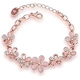 Om Jewells Rose Gold Plated Pink Flowers Link Chain Adjustable Size Bracelet With Crystals For Girls And Women