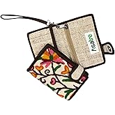 Asatre Hemp Wallet with Floral Embroidery, Handcrafted Bi-Fold Card Holder, Beige, Brown Trim, Zipper Compartment, Traditional Style (Pink)