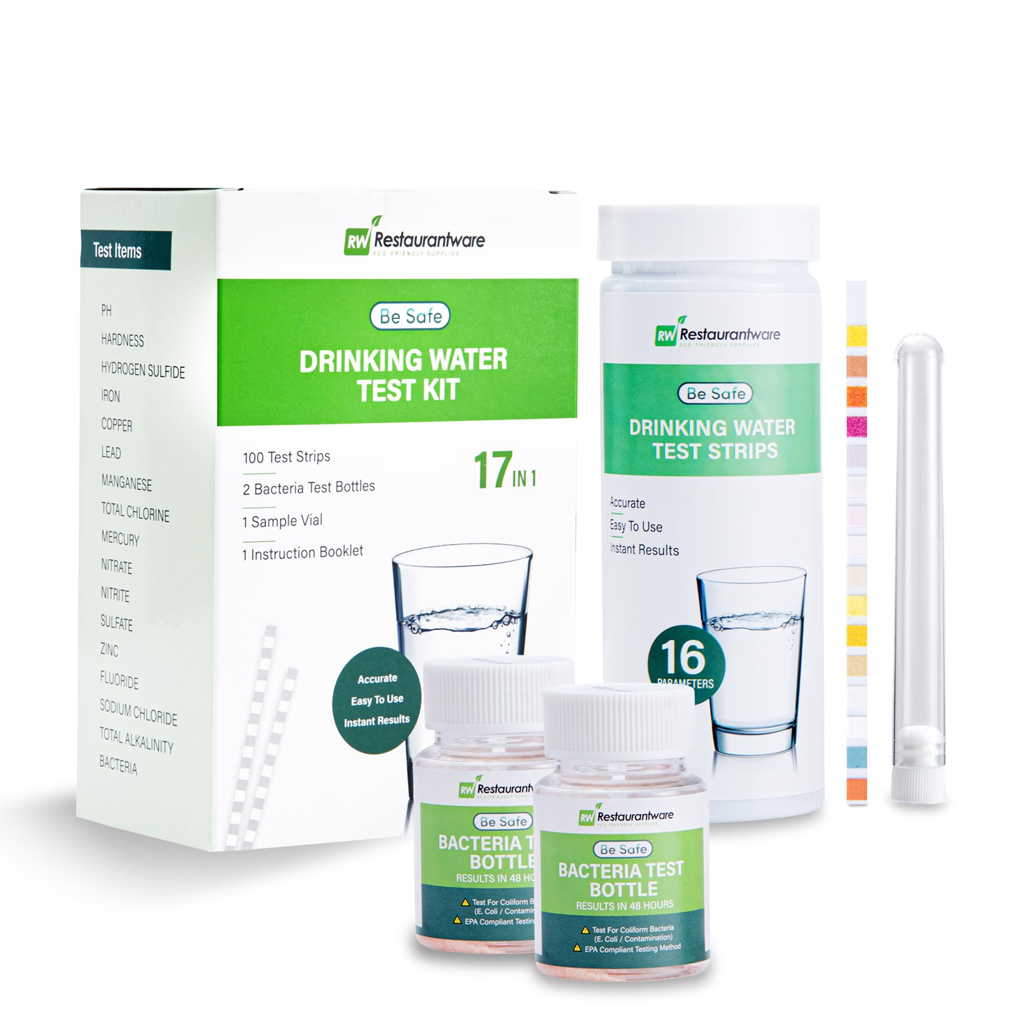 Photo 1 of Restaurantware-17-in-1 Water Test Kit, 100 Instant Multiple-Use Water Test Kit - 2 Bacteria Tests, For Tap & Well Water, Paper Chlorine Test Kit, Testing For Lead, Bacteria, Hardness, Fluoride, & More