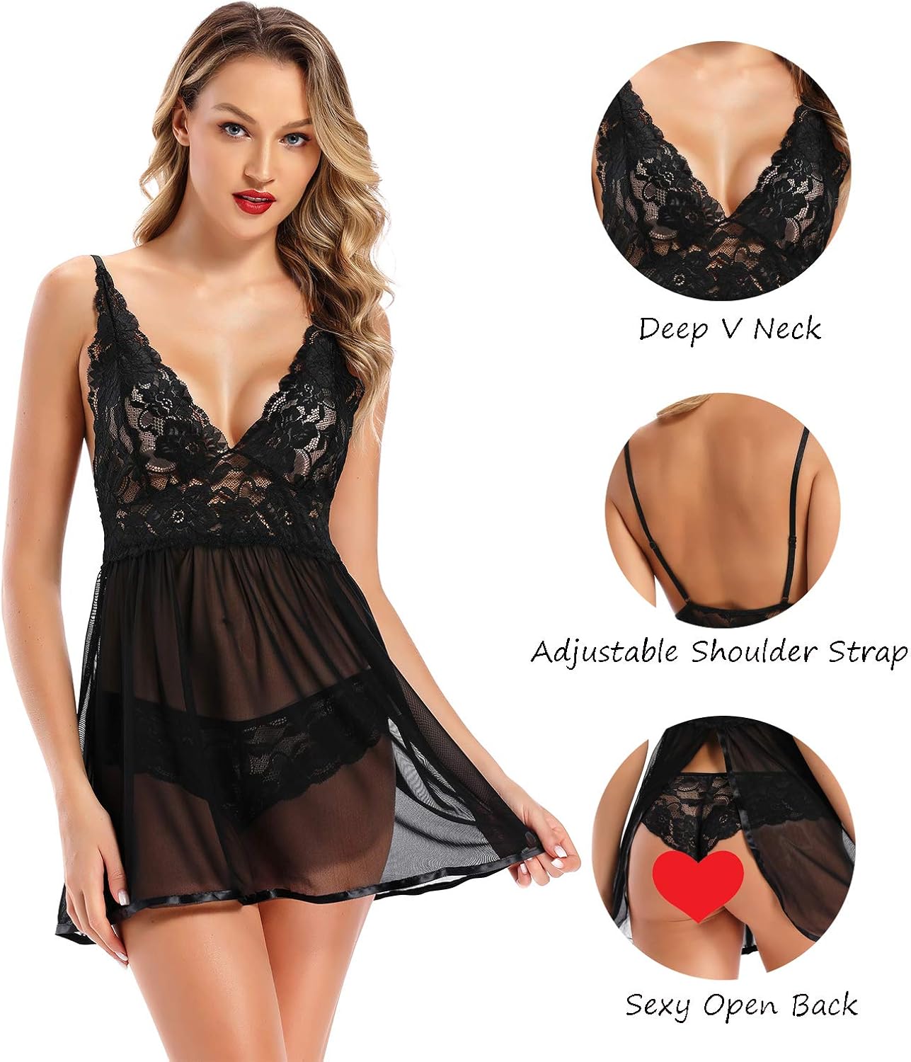 EISHOPEER Women's Lingerie Lace Chemise Babydoll Strap Teddy V Neck Open Back Sleepwear: Clothing