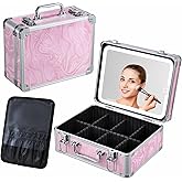 Faquenc Makeup Case with LED Mirror - Pink Fluid-Color Makeup Box with Detachable Lighted Mirror, Travel Cosmetic Train Case Organizer with Adjustable Dividers and Tool Panel for Brushes