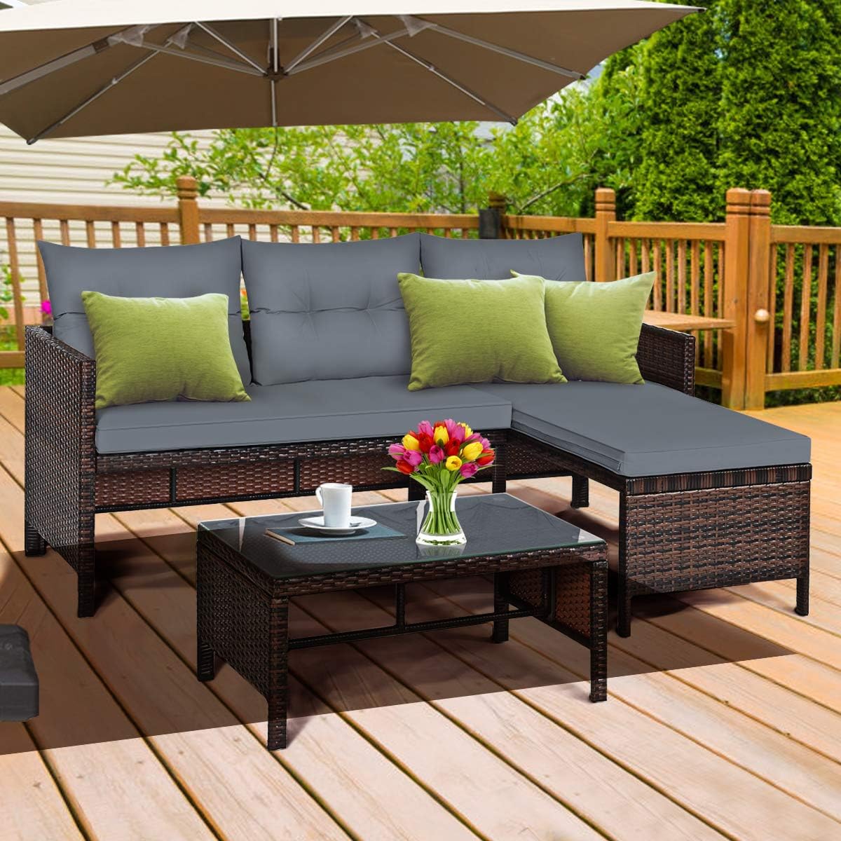 Amazon Com Tangkula Patio Corner Sofa Set 3 Piece Outdoor Rattan Sofa Set Includes Lounge Chaise Loveseat Coffee Table Patio Garden Poolside Lawn Backyard Furniture Gray Kitchen Dining