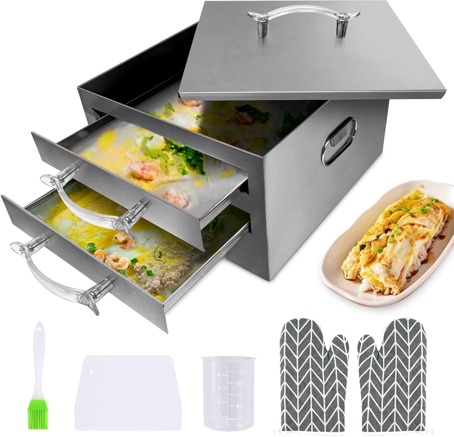 Photo 1 of 2-Layer Rice Roll Steamer, Stainless Steel Rice Noodle Roll Steamer with Acrylic Handle Steam Tray, Top Open Rice Noodle Roll Machine, for Chinese Cheung Fun Changfen Cuisine Recipes Cookware