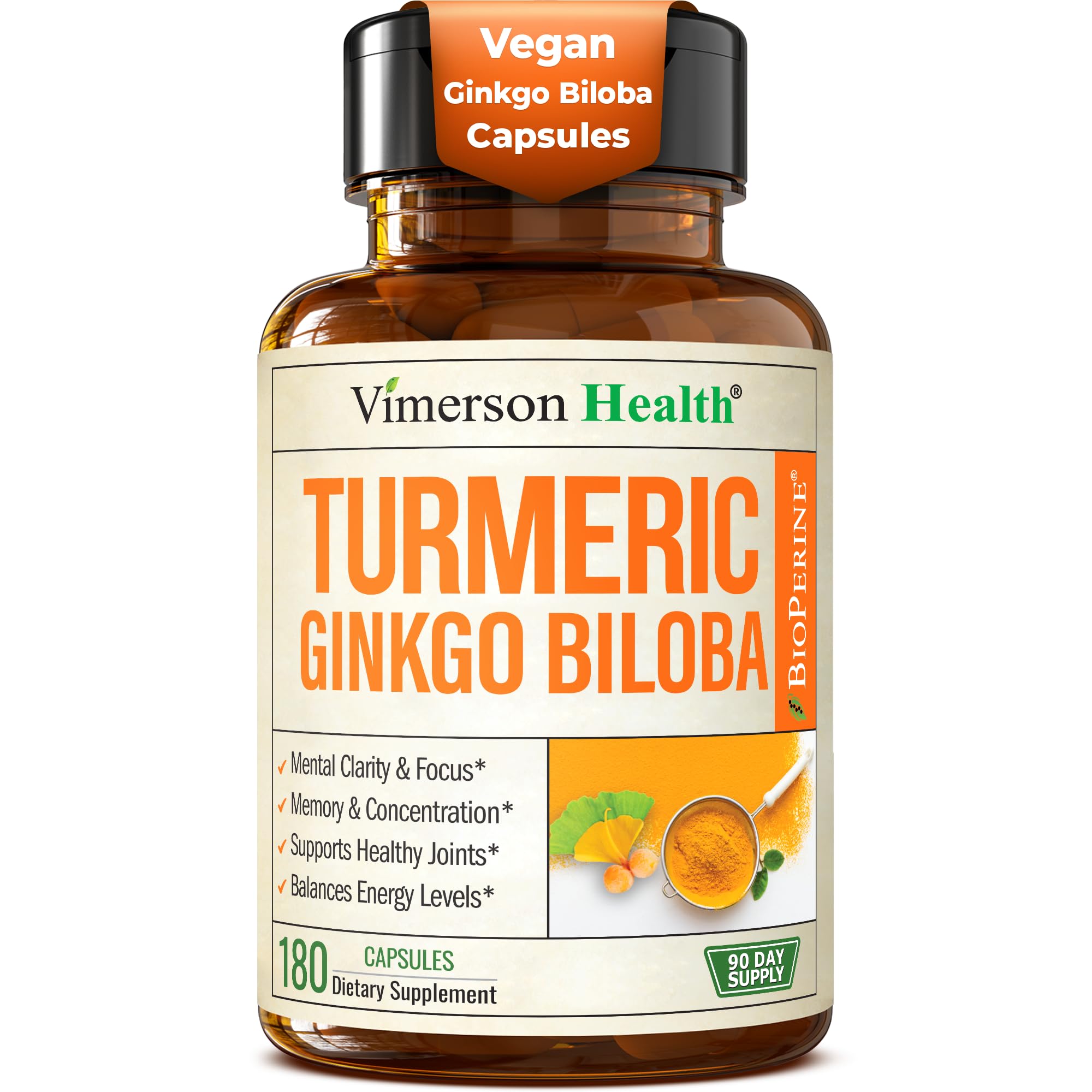 Ginkgo Biloba and Turmeric Curcumin Supplement with Black Pepper & Organic Tumeric – Natural Turmeric Supplement for Focus, Memory, Joint & Brain Health – 180 Vegan Ginko Biloba Capsules with Curcuma Image