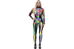 Sipumia Women Ladies Halloween Cosplay Skull Skeleton Costume Jumpsuits Stretch Skinny Catsuit