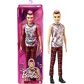 Barbie Ken Fashionistas Doll #176 with Sculpted Brunette Ombre-Tipped Hair Wearing a Sleeveless Tie-dye Shirt, Red Plaid Pants &amp; Black Boots, Toy for Kids 3 to 8 Years Old