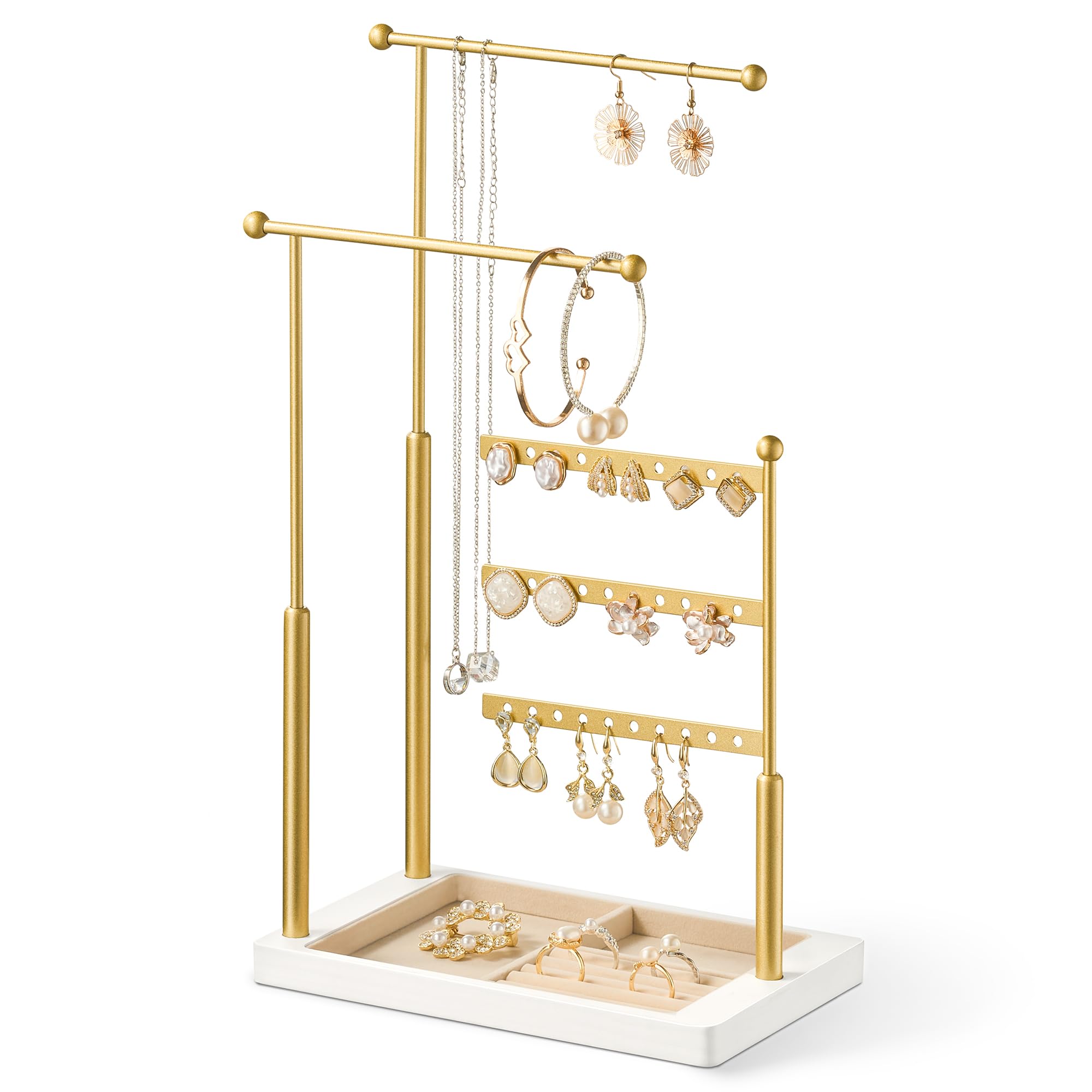 Photo 1 of pickpiff Jewelry Organizer Holder Stand: 3 Tier Jewelry Storage Display for Necklace, Bracelet, Earring, Ring, White & Gold