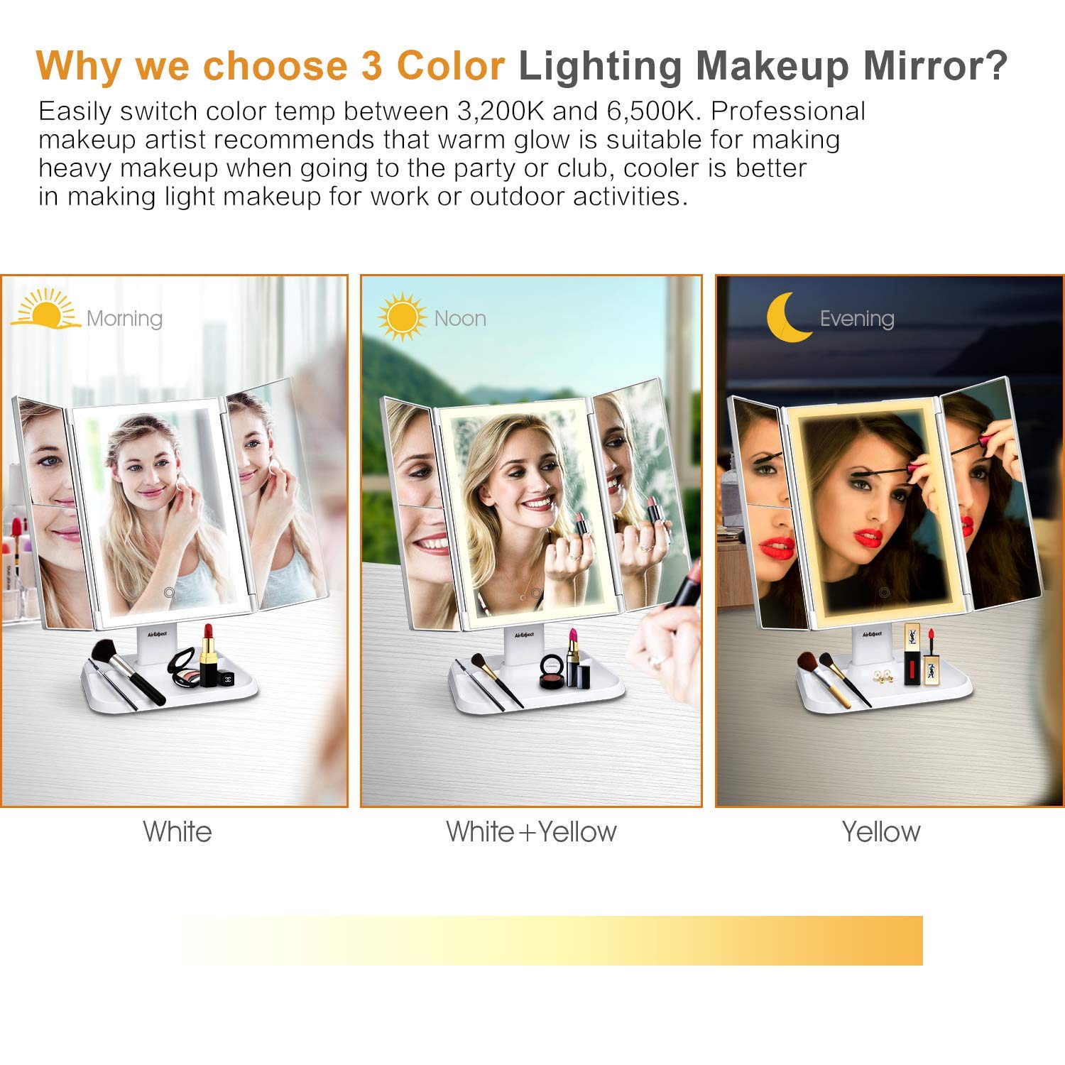 AirExpect Makeup Mirror Vanity Mirror with Lights - 3 Color Lighting Modes 72 LED Trifold Mirror, Touch Control Design, 1x/2x/3x Magnification, Portable High Definition Cosmetic Lighted Up Mirror : Beauty
