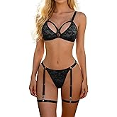 TINGYANRAN Women's Sexy Underwire Push Up Floral See Through V Neck Sheer Garter Belt 3 Piece Lingerie Set