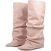 Ceciloroda Fold Over Boots Slouch Block Heels Dressy Knee Boots
