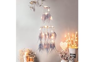 Dremisland Double Circle White Grey Feather Dream Catcher with Mobile LED Fairy Lights Wall Hanging Ornaments Ceiling Decor f