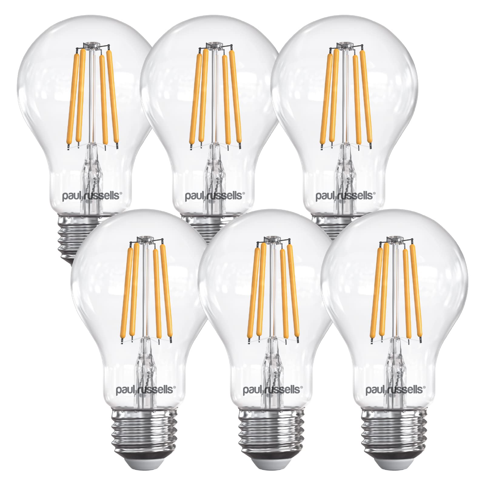 paul russells E27 Edison Screw LED Filament – 7Watt 60W Equivalent 806LM Lumens 2700K ES Standard GLS A60 – Super Bright Energy Saving Light Non-Dimmable - Warm White Bulbs - Pack of 6