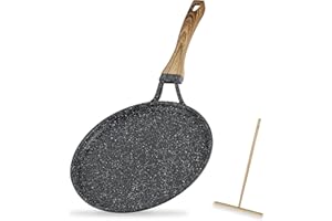MSMK 9.5-Inch Nonstick Crepe Pancake Pan - Swiss Granite Coating, Flat Dosa Tawa Skillet Griddle, Induction Compatible & Stay