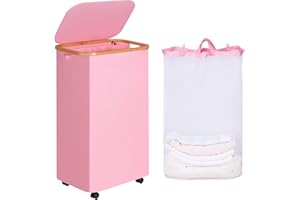 iEGrow Laundry Basket with Wheels, 110L Clothes Hamper for Laundry, Laundry Hamper with Lid and Inner Bag, for Laundry Room, Bedroom, Dormitory Storage,Pink