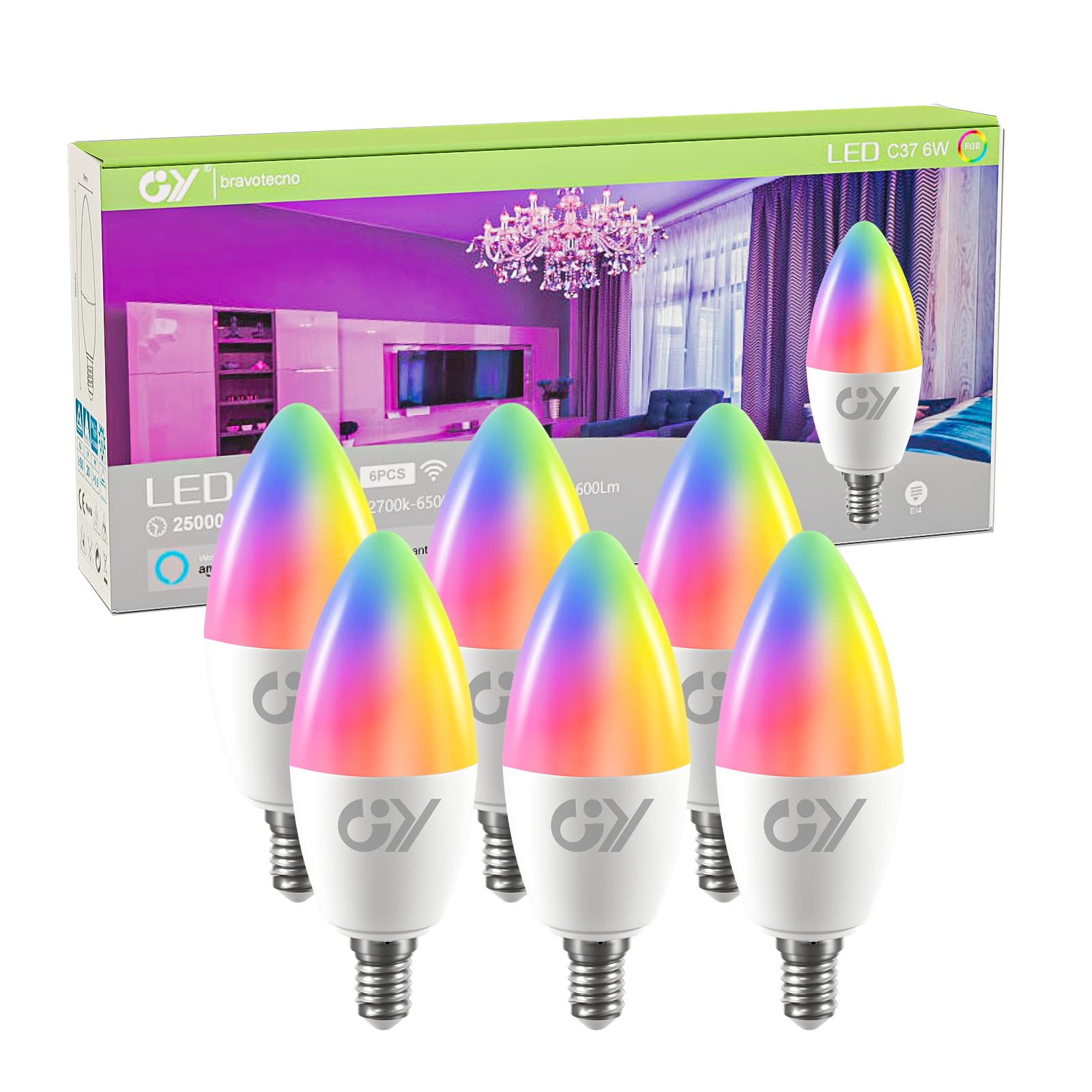 GY Smart Bulb C37 E14 Alexa Light Bulbs,6W 600lm 2700K-6500K RGB Dimmable Colour Changing Compatible with Alexa/Google Home 2.4 GHz WLAN,6 Packs
