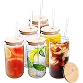 Joytra 16oz Drinking Clear Cups with Bamboo Lids and Straws, 6pcs