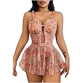 RoseSeek Women's Babydoll Lingerie Floral Mesh Frill Ruffle Babydoll Lingerie Dress Chemise Nightgown