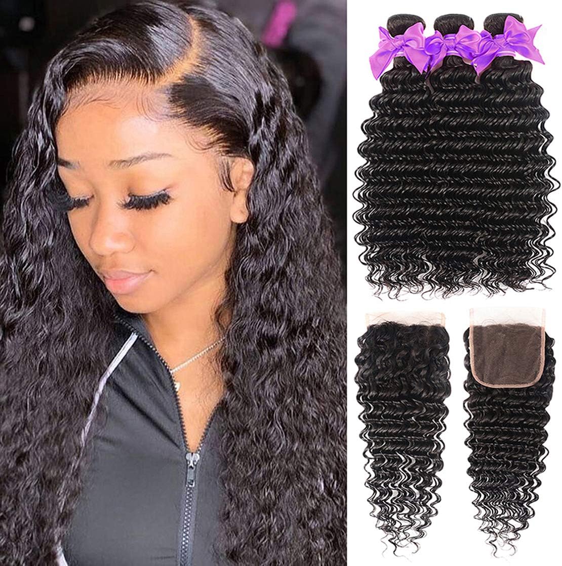 Miss CARA Brazilian Hair Deep Wave 3 Bundles with Closure Human Hair Bundles (18 20 22+16, Free Part) Brazilian 3 Bundles 100% Unprocessed Virgin Deep Curly Bundles Human Hair Extension Natural Color