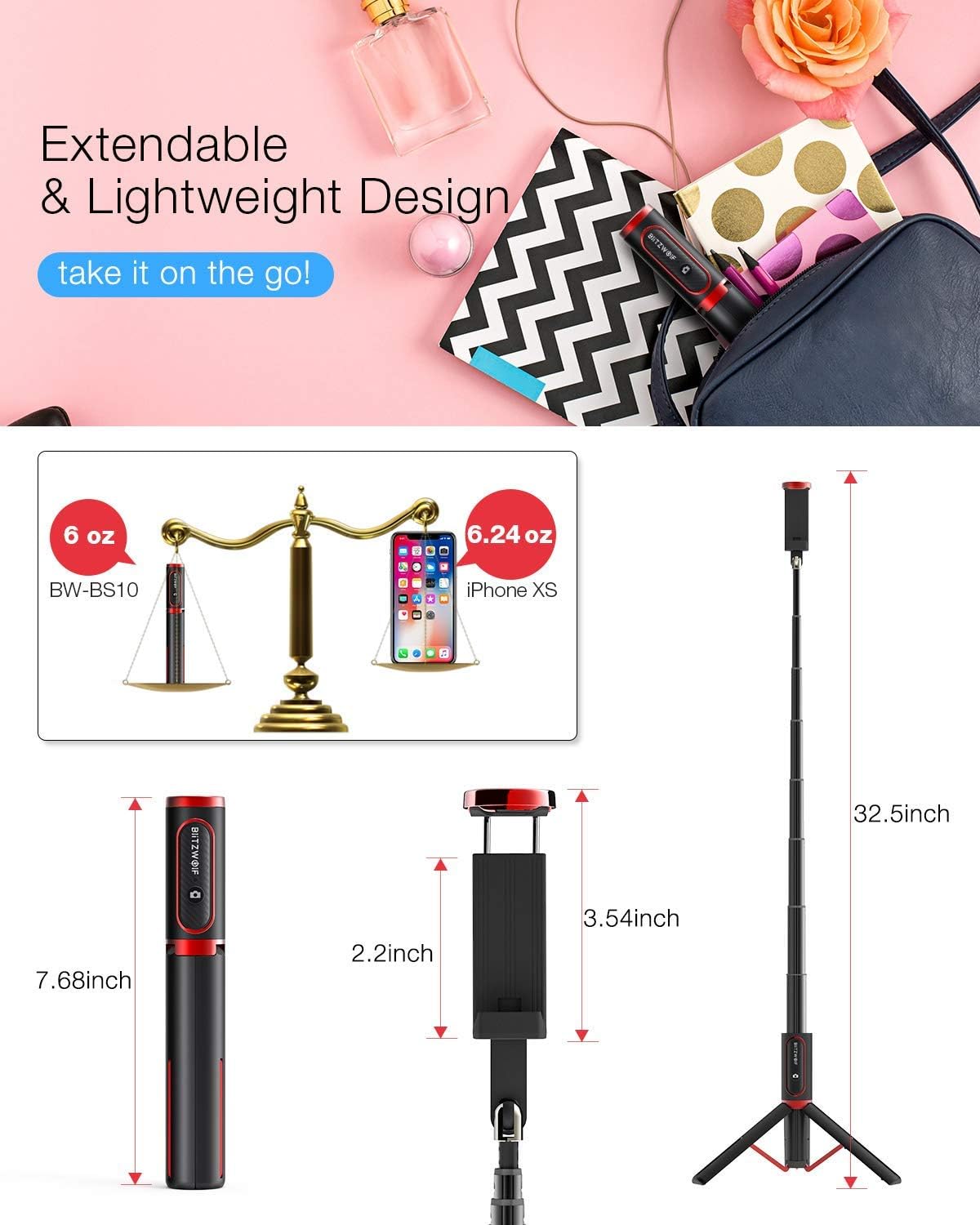 Selfie Stick Tripod, BlitzWolf Lightweight Aluminum All in One Extendable Phone Tripod Selfie Stick Bluetooth with Remote for iPhone 11/Xs MAX/XR/XS/X/8/8 Plus/7/7 Plus/6s, Galaxy S10/S9/S9 Plus, More: Camera & Photo
