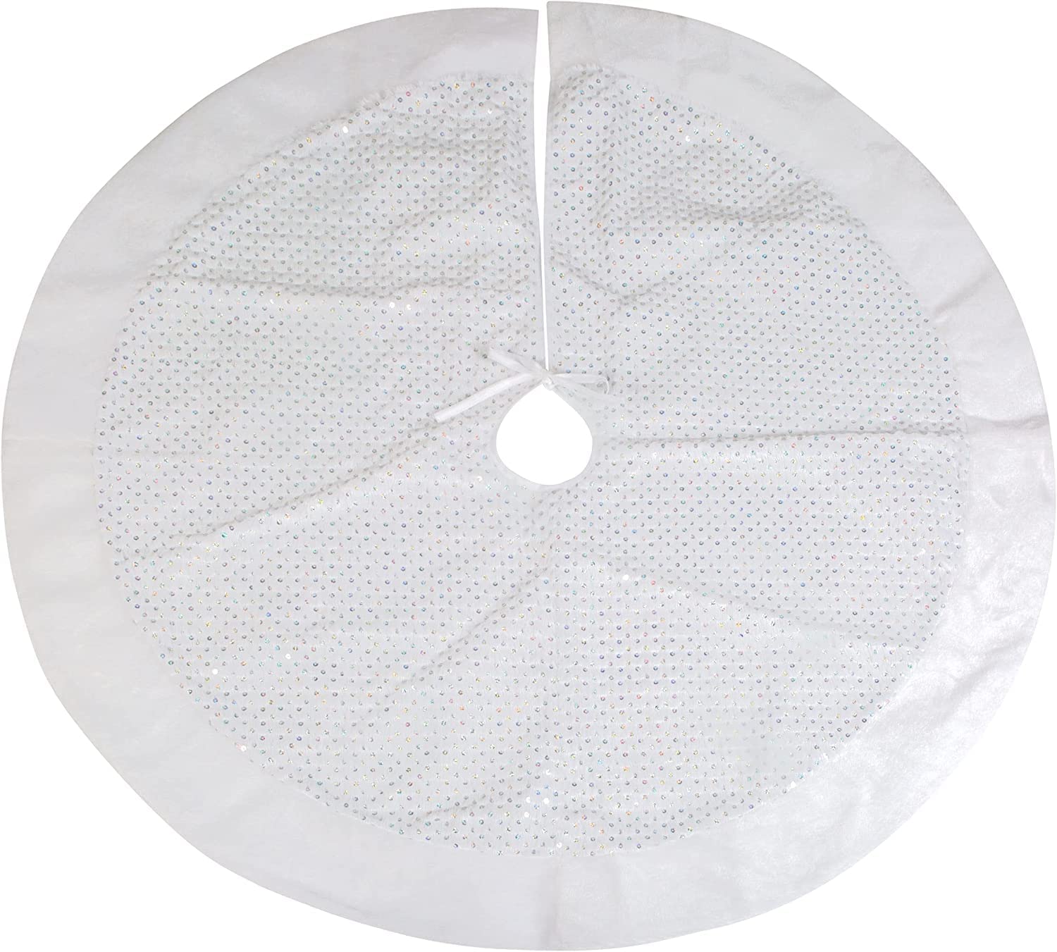 VFM - Christmas Tree Skirt Silver Sequin Plush White Christmas Tree Skirt - Super Soft & Sparkly Festive Fabric Snow Blanket Xmas Decoration 110cm Diameter With Ribbon Tie