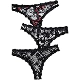 SOLY HUX Women's Gothic Lace Trim Thongs 3 Packs Funny Printed Panties Sexy Underwear
