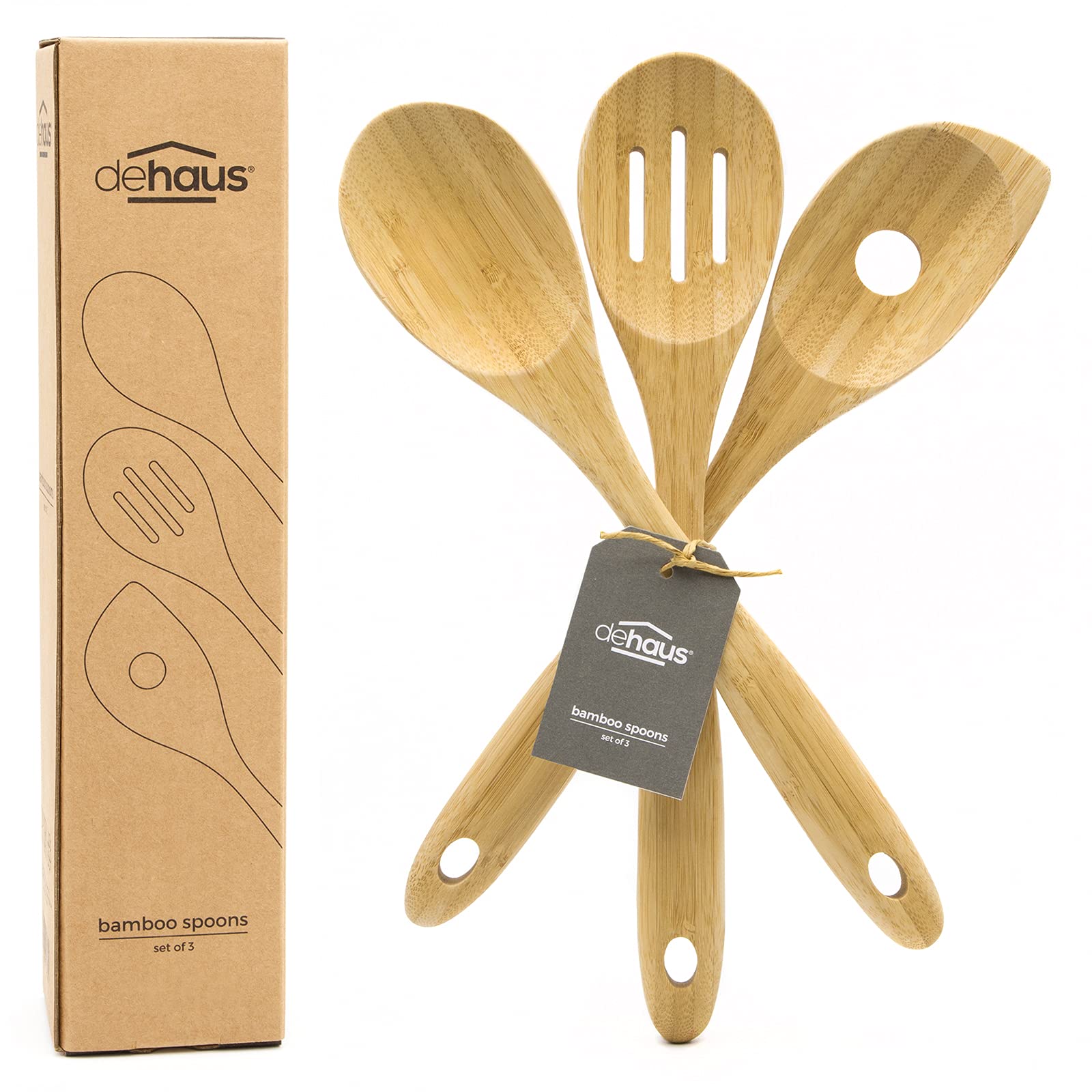 Dehaus® Premium Bamboo Wooden Spoons - Set of 3 - Luxury Slotted & Pointed Cooking Spoon - Kitchen Spoon Utensil Accessories - Wood Cooking Tools for Non Stick Pan or Wok - Mini Starter Sets