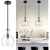 Emak 8 Inch Pendant Lights Kitchen Island, Modern Black Pendant Light with Clear Glass Shade, Farmhouse Hanging Light Fixture